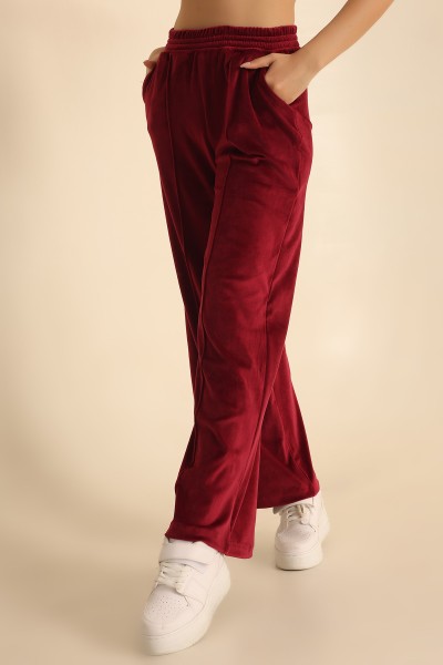 Bordo Likralı Kadife Palazzo Bayan Pantolon 220121