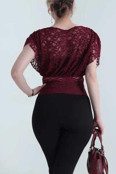 Bordo Likralı Kolsuz Kadın Tül Bluz 453423