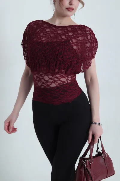 Bordo Likralı Kolsuz Kadın Tül Bluz 453423