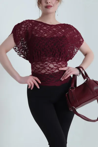 Bordo Likralı Kolsuz Kadın Tül Bluz 453423