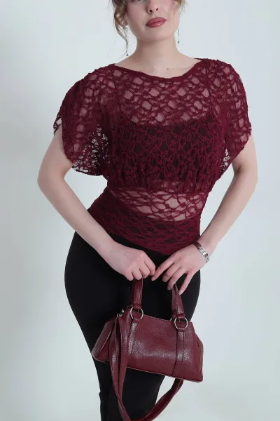 Bordo Likralı Kolsuz Kadın Tül Bluz 453423