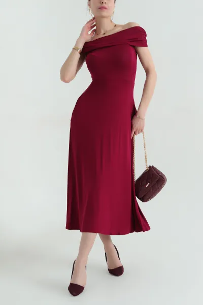 Bordo Likralı Kolsuz Viskon Kadın Elbise 355787