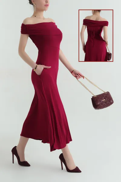 Bordo Likralı Kolsuz Viskon Kadın Elbise 355787