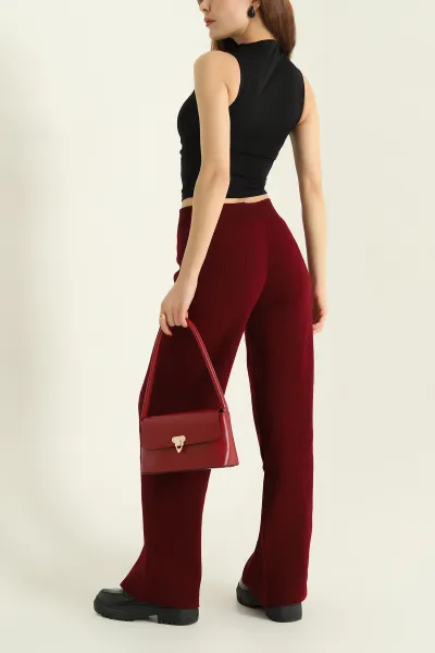 Bordo Likralı Palazzo Bayan Triko Pantolon 332447