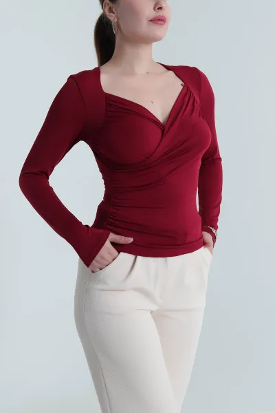 Bordo Likralı Polyemid Kadın Bluz 484626