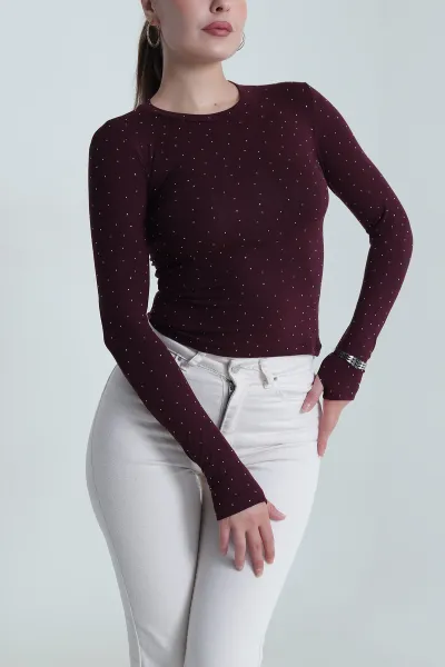 Bordo Likralı Taşlı Kadın Viskon Bluz 484265