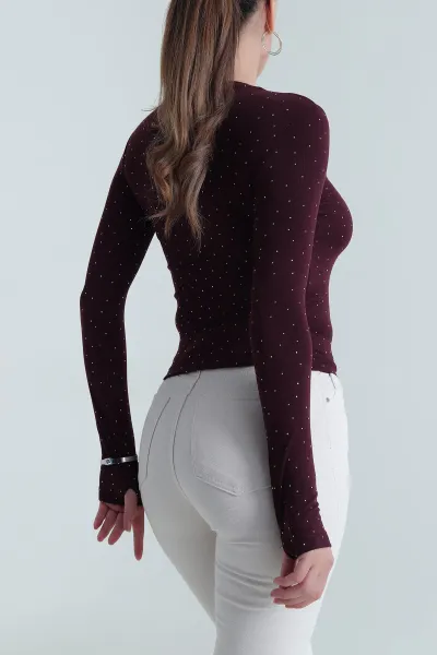 Bordo Likralı Taşlı Kadın Viskon Bluz 484265