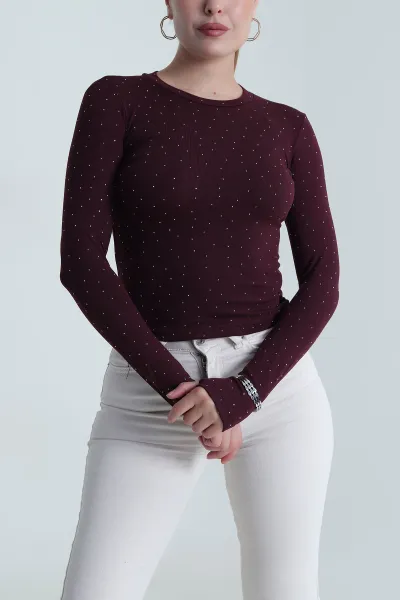Bordo Likralı Taşlı Kadın Viskon Bluz 484265