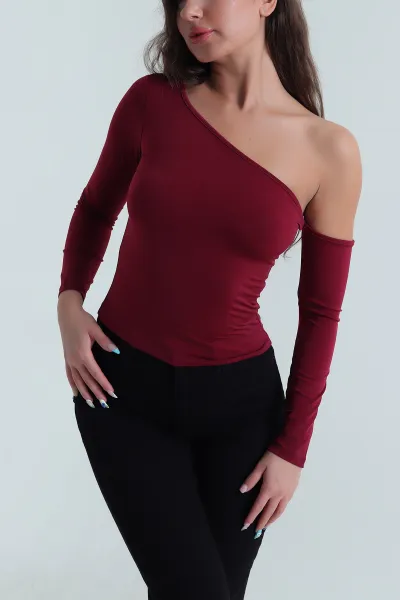 Bordo Likralı Tek Omuz Detay Sandy Kadın Bluz 484282