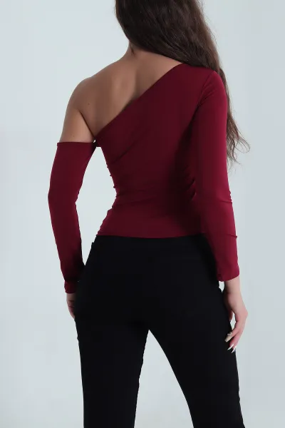 Bordo Likralı Tek Omuz Detay Sandy Kadın Bluz 484282