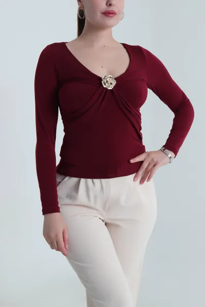 Bordo Likralı Tokalı Sandy Kadın Bluz 484614
