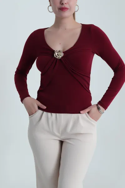 Bordo Likralı Tokalı Sandy Kadın Bluz 484614
