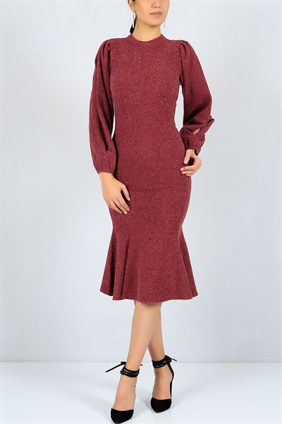 Bordo Likralı Triko Balık Elbise 23136B