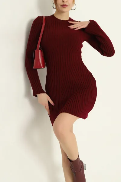 Bordo Likralı Triko Elbise 331669
