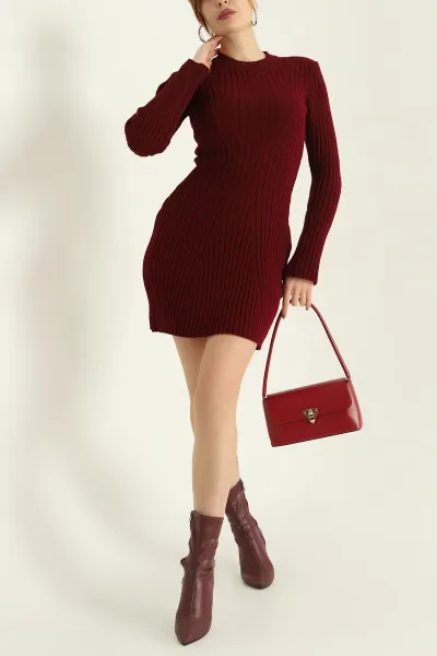 Bordo Likralı Triko Elbise 331669
