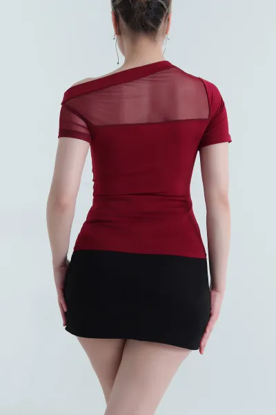 Bordo Likralı Tül Garnili Sandy Kadın Bluz 454328