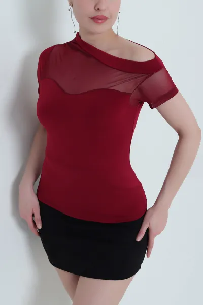 Bordo Likralı Tül Garnili Sandy Kadın Bluz 454328