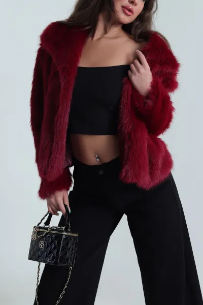 Bordo Lolita Kürk Kadın Mont 484156