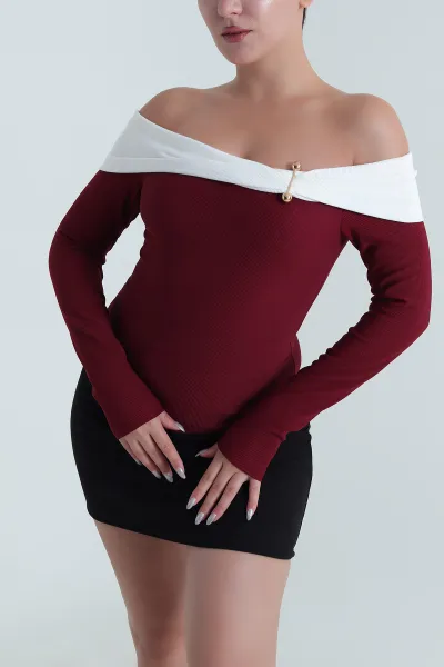 Bordo Madonna Yaka Ottoman Kadın Bluz 482891