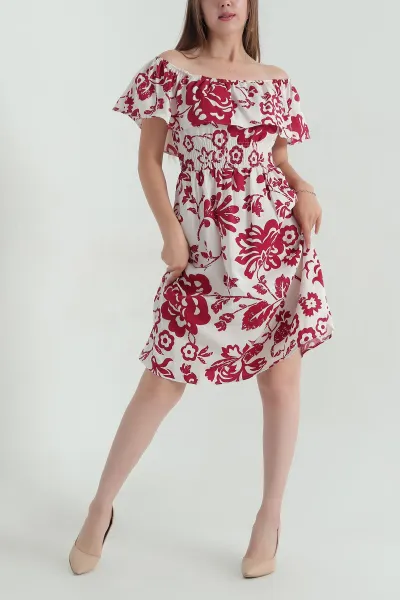 Bordo Madonna Yaka Terikoton Kadın Elbise 373660