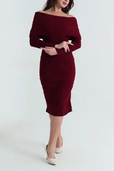 Bordo Madonna Yaka Triko Kadın Elbise 405726