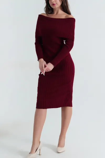 Bordo Madonna Yaka Triko Kadın Elbise 405726