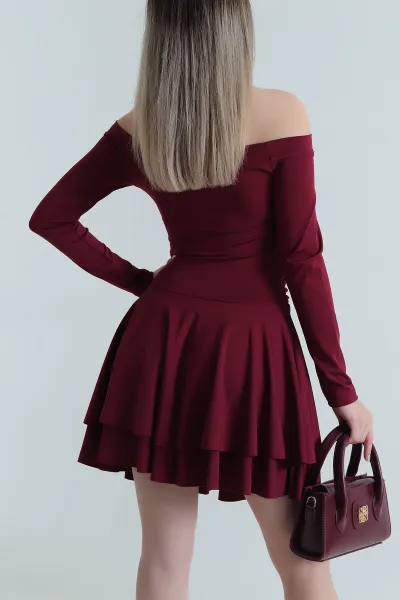 Bordo Madonna Yaka Volanlı Kadın Dalgıç Elbise 489064