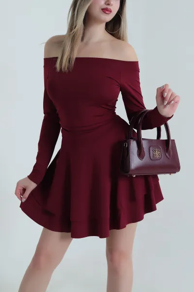 Bordo Madonna Yaka Volanlı Kadın Dalgıç Elbise 489064