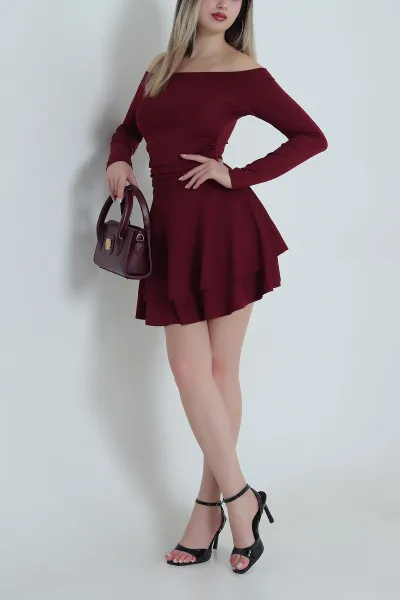 Bordo Madonna Yaka Volanlı Kadın Dalgıç Elbise 489064