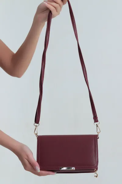 Bordo Mıknatıs Kapaklı Fermuarlı Omuz Çantası 383557