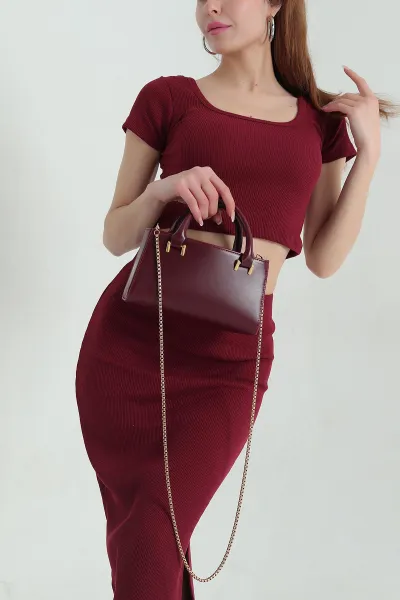 Bordo Mıknatıs Kapaklı Zincir Askılı Kadın EL Kol ve Omuz Çantası 361467