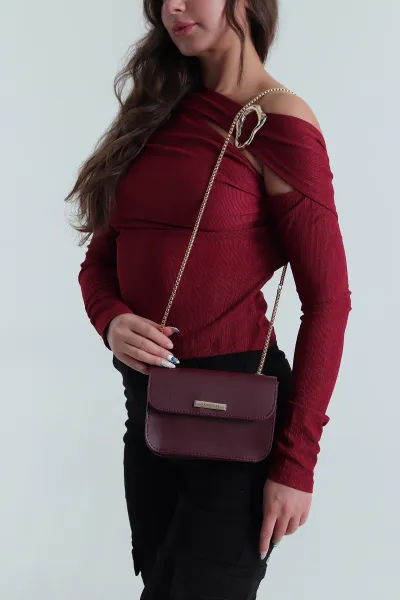 Bordo Mıknatıs Kapaklı Zincir Askılı Kadın El Kol ve Omuz Çantası 485019