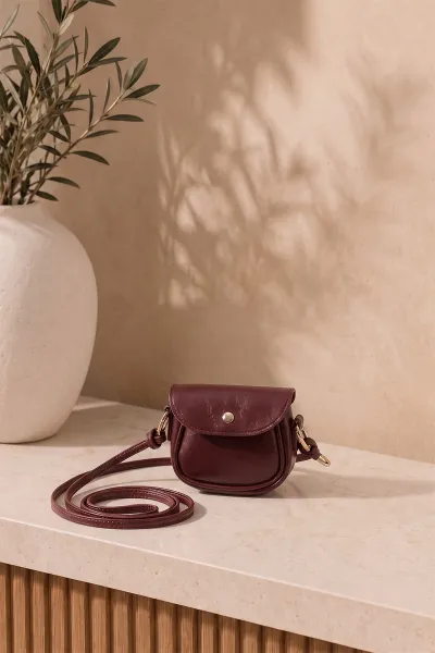 Bordo Mini Boy Kırışık Doku Kadın Omuz Çantası 478902