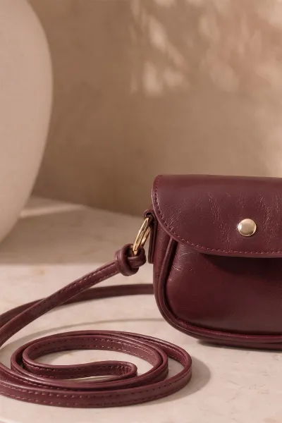 Bordo Mini Boy Kırışık Doku Kadın Omuz Çantası 478902