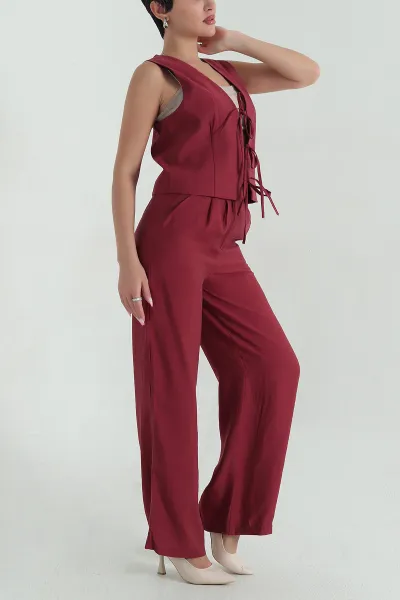Bordo Modal Bağlamalı Yelek Pantolon Kadın İkili Takım 372957