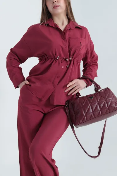 Bordo Modal Belden Sıkmalı Bayan İkili Takım 338380