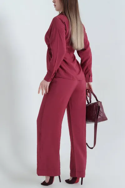 Bordo Modal Belden Sıkmalı Bayan İkili Takım 338380