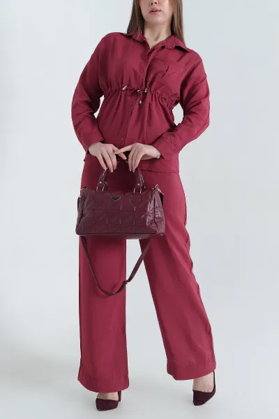 Bordo Modal Belden Sıkmalı Bayan İkili Takım 338380