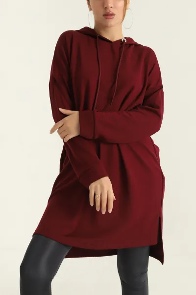 Bordo Modal Kumaş Kapüşonlu Sweat Tunik 305351