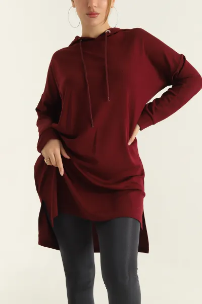 Bordo Modal Kumaş Kapüşonlu Sweat Tunik 305351