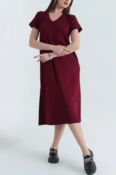 Bordo Modal V Yaka Elbise 338576