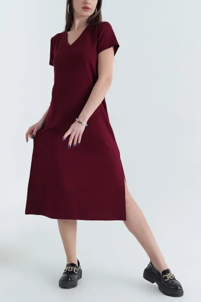 Bordo Modal V Yaka Elbise 338576