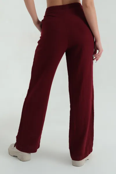 Bordo Müslin Keten Beli Lastikli Palazzo Pantolon 373116