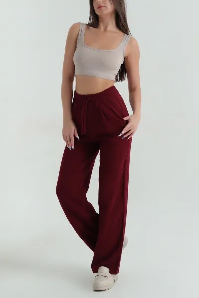 Bordo Müslin Keten Beli Lastikli Palazzo Pantolon 373116