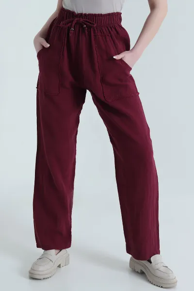 Bordo Müslin Keten Kadın Pantolon 452477