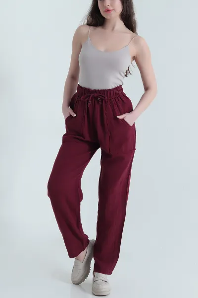 Bordo Müslin Keten Kadın Pantolon 452477