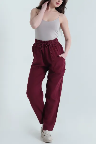 Bordo Müslin Keten Kadın Pantolon 452477