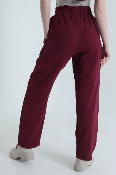 Bordo Müslin Keten Kadın Pantolon 452477