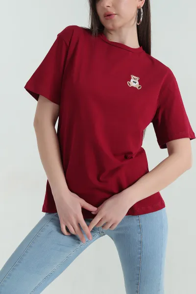 Bordo Nakış Detay Kadın Tişört 357214