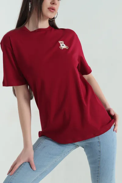Bordo Nakış Detay Kadın Tişört 357214